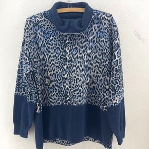 Ost Blue Leopard Print Cowl Neck Colorblock Knit Sweater Womens Medium Chic Cozy